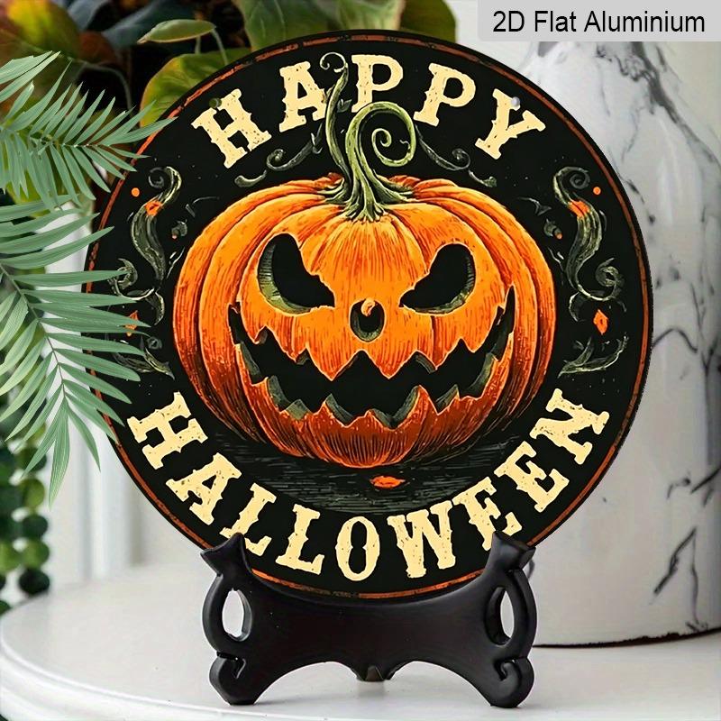 2D Flat Aluminum Decorative Plaques and Ornaments Sign, Round Metal Halloween Sign with Spiral Stem Jack Pumpkin, Distressed Rustic Wall Hanging