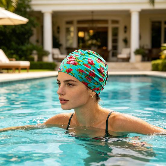 Cloth Swimming Pool Cap for Women, Breathable Colorful Ruffle Swim Cap, Elastic Ear Protection Short Long Hair Bathing Hat