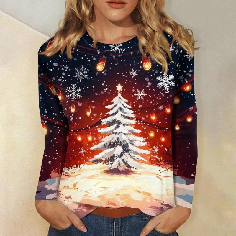 Women s 3D Christmas Snowflake Gradient Print Round Neck Long Sleeve T-shirt Casual Long Sleeve Top Party Loose Women s Top S