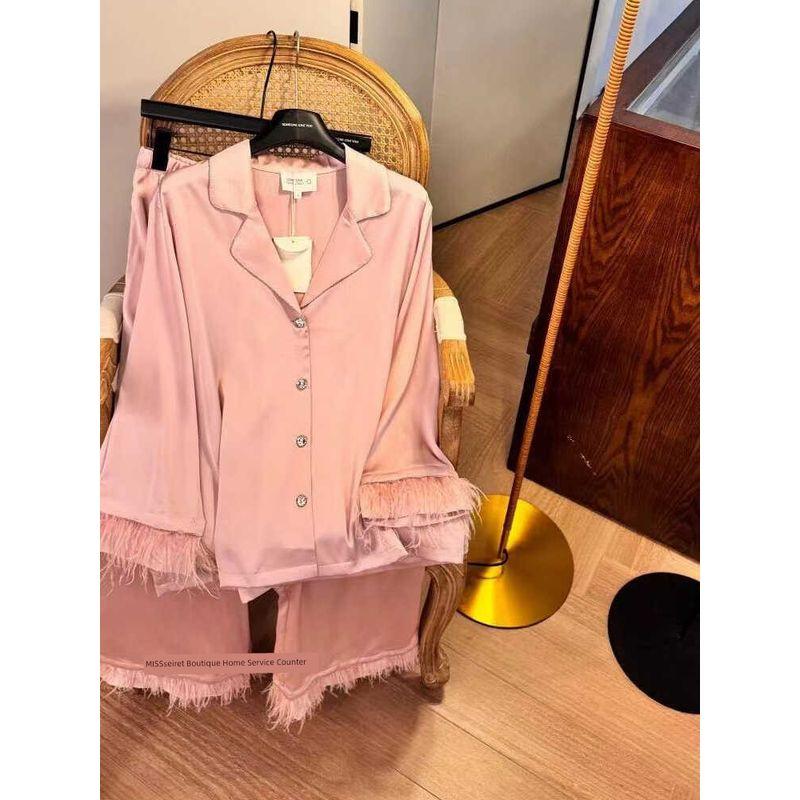 Dutch Original Order ~ Diamond Buckle Pink Feather Pajamas Women's Long Sleeve Pants Suit Ice Silk Classy Trendy Homewear