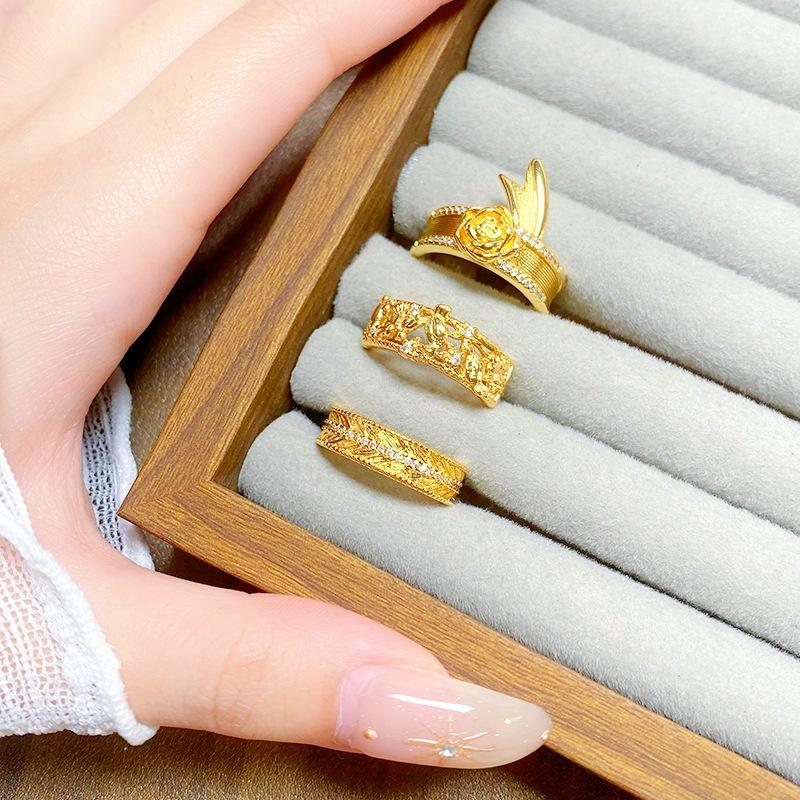 Medieval Vintage Magpie Hollow Flower Brushed Opening Ring Wheat Ear High-End National Style Accessories Women