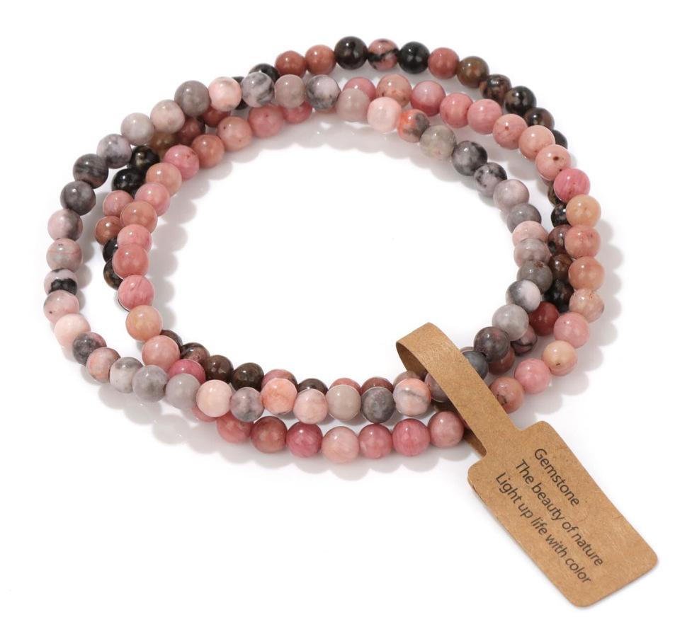 3 Pieces Natural Stone 4mm Beads Elastic Bracelets For Women Men Moss Agates Rose Quartzs Stretch Bracelet Set With Tag Jewelry