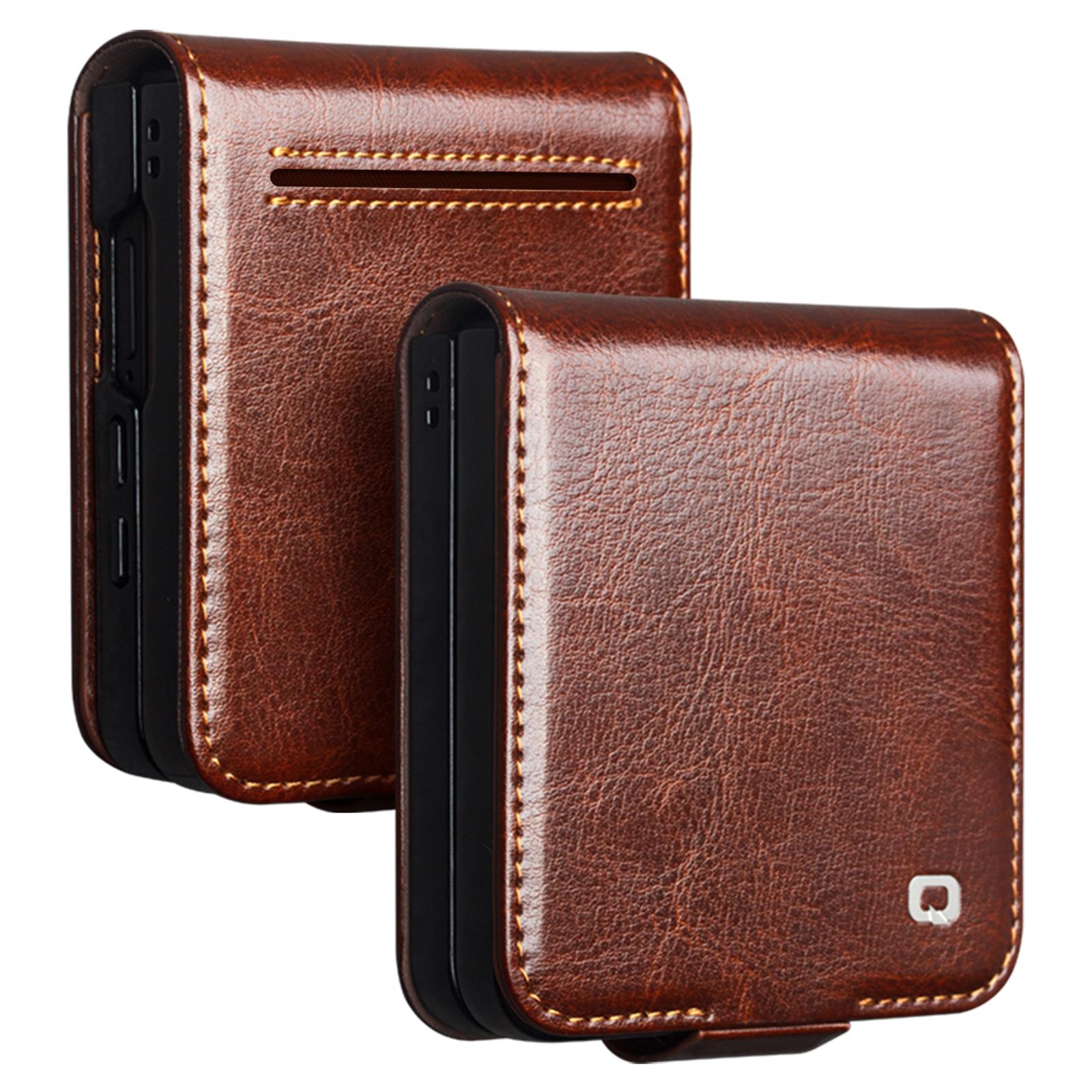 

QIALINO For Samsung Galaxy Z Flip7 5G Case with Card Holder Genuine Cow Leather Stand Phone Cover Brown