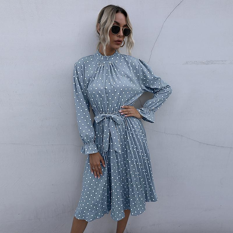 YYFS Women's Vintage Polka Dot Print Long Sleeve Slim Casual Dresses