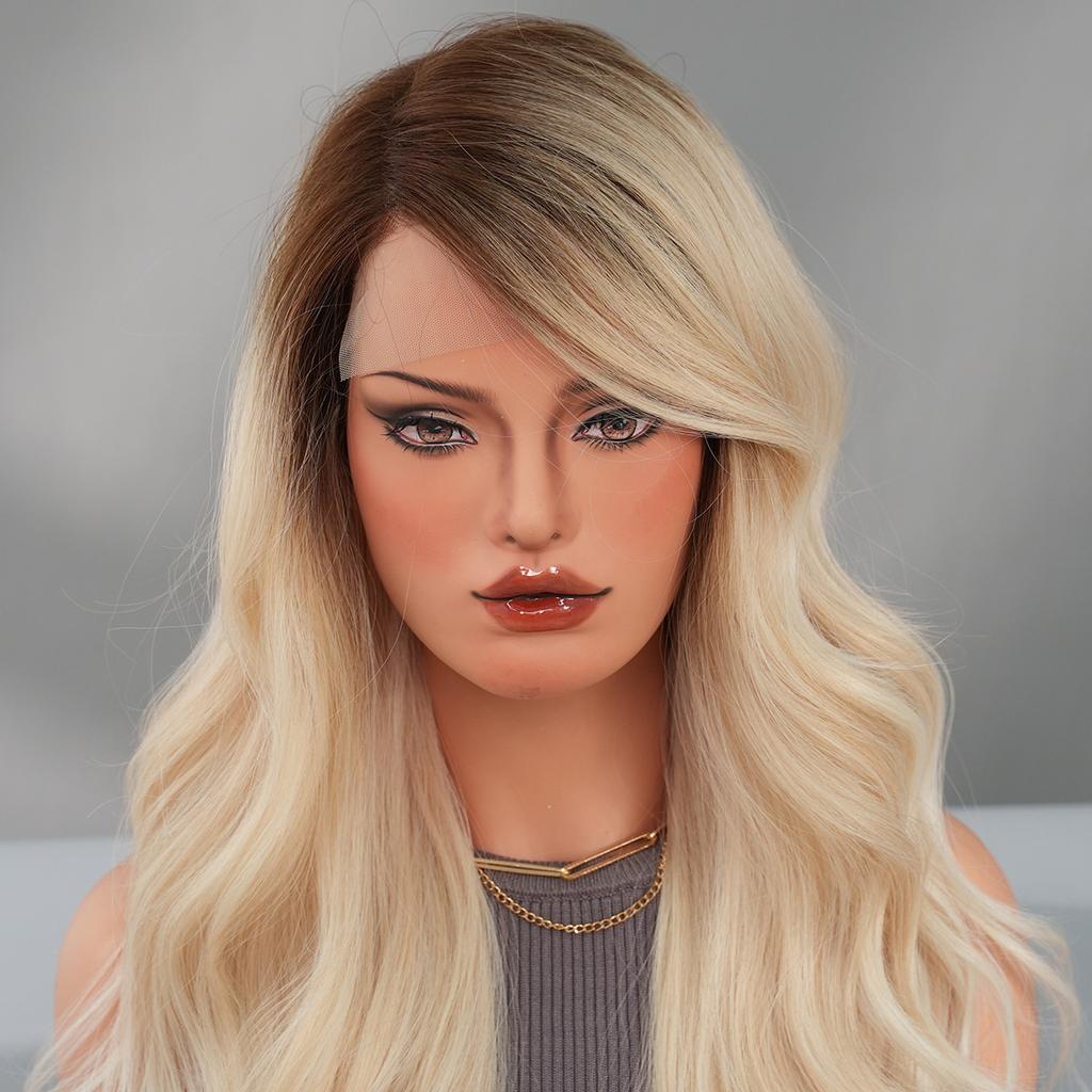 T-part Krajkové paruky Champagne Gold Zvýraznění Vlny Boční body Krajkové paruky Celá pokrývka hlavy