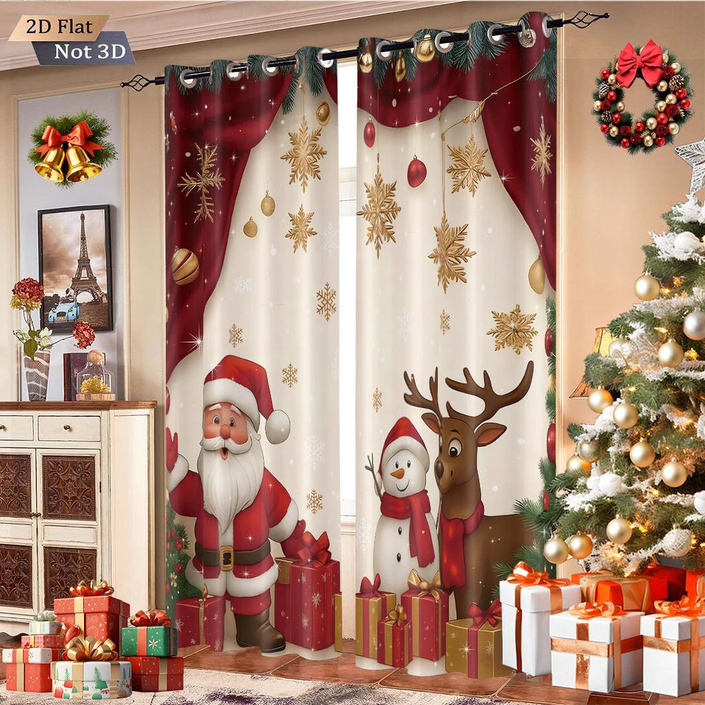 Light Blocking Merry Christmas Santa Claus Print Perforated Curtains Multi Size Living Room Insulation Holiday Decoration Curtain Set Of 2 Made