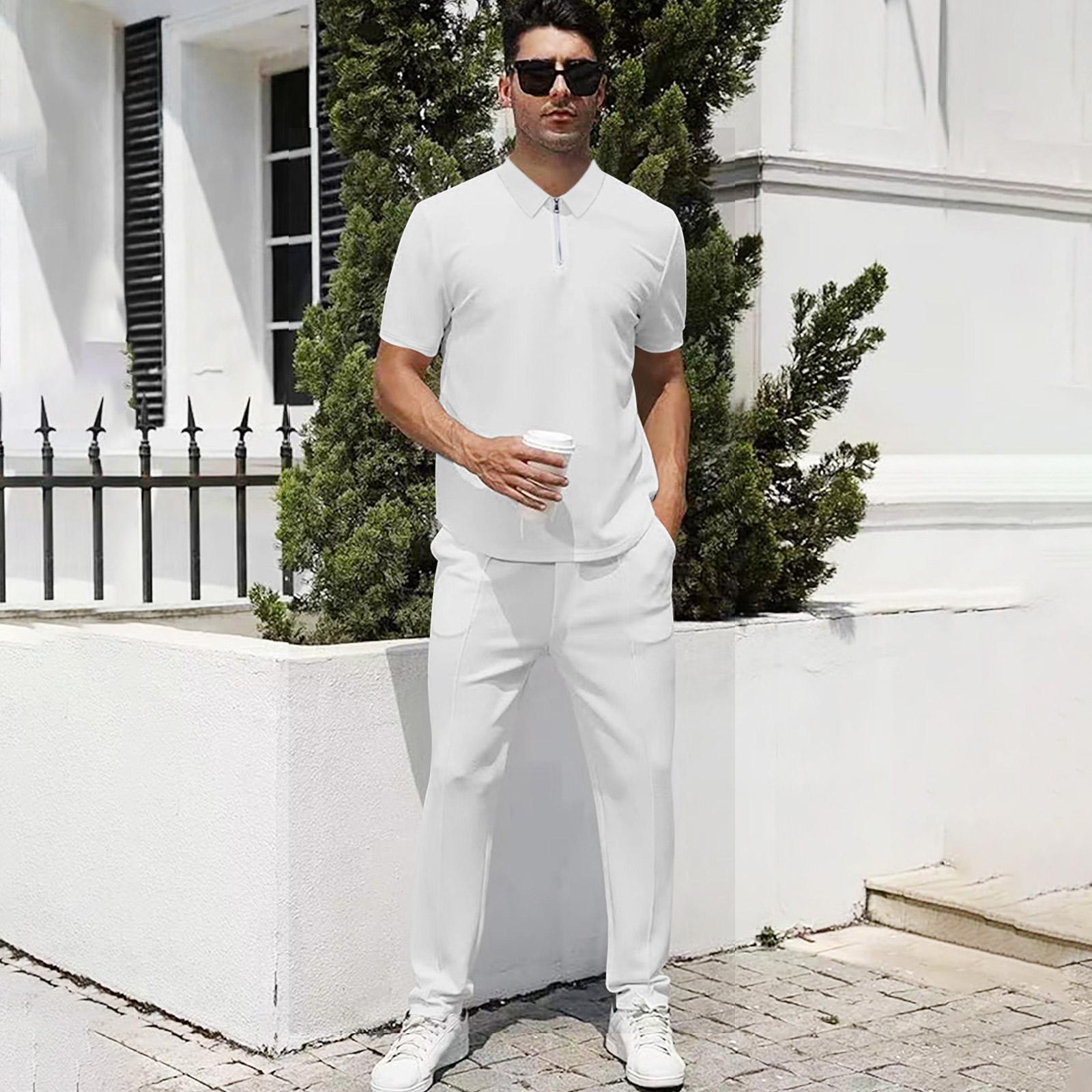 

Men s Collared Zipper Short-Sleeve Top Casual Sports Pants Set XL білий