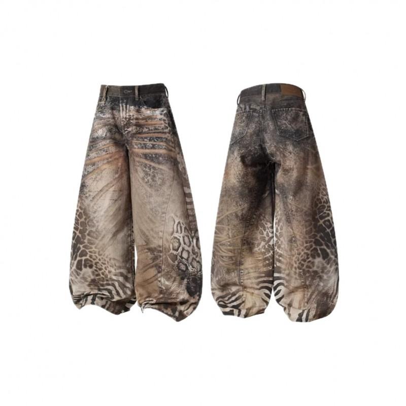 Vintage American 3D Printed Leopard Tiger Patchwork Jeans High Waist Wide Leg Slim Flare Pants