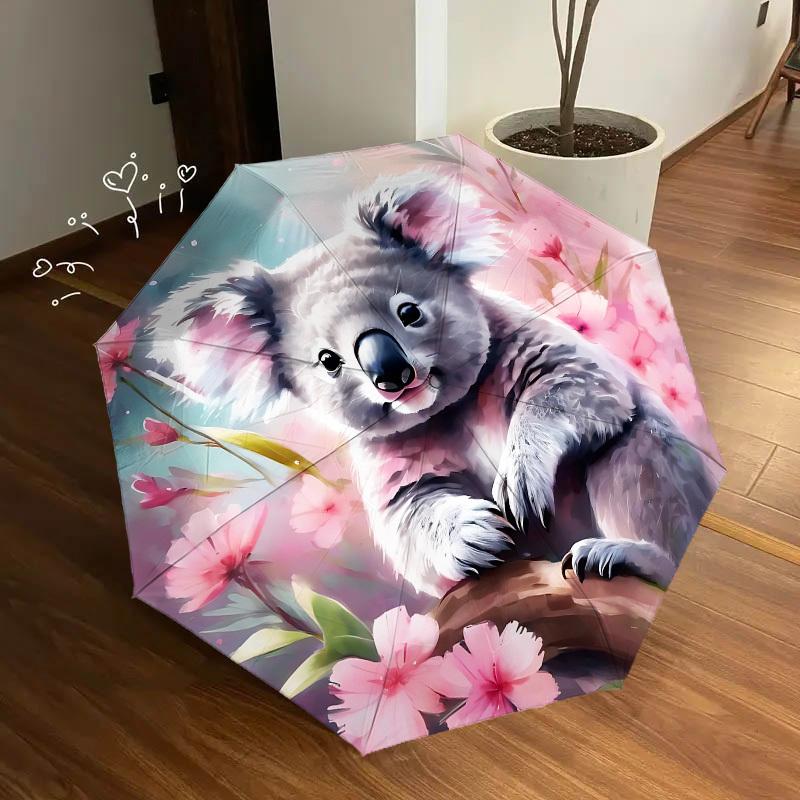 1pc Koala Blossom Themed Umbrella, 8 Rib Frame,Automatic Opening 3 Fold Umbrella, Lightweight and Durable Couple Umbrella-170