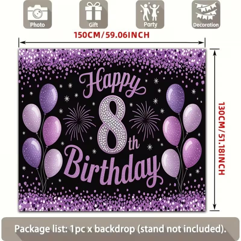2D Purple Black 8th Birthday Backdrop with Diamond Number 8, Balloons & Fireworks Photography Background Banner