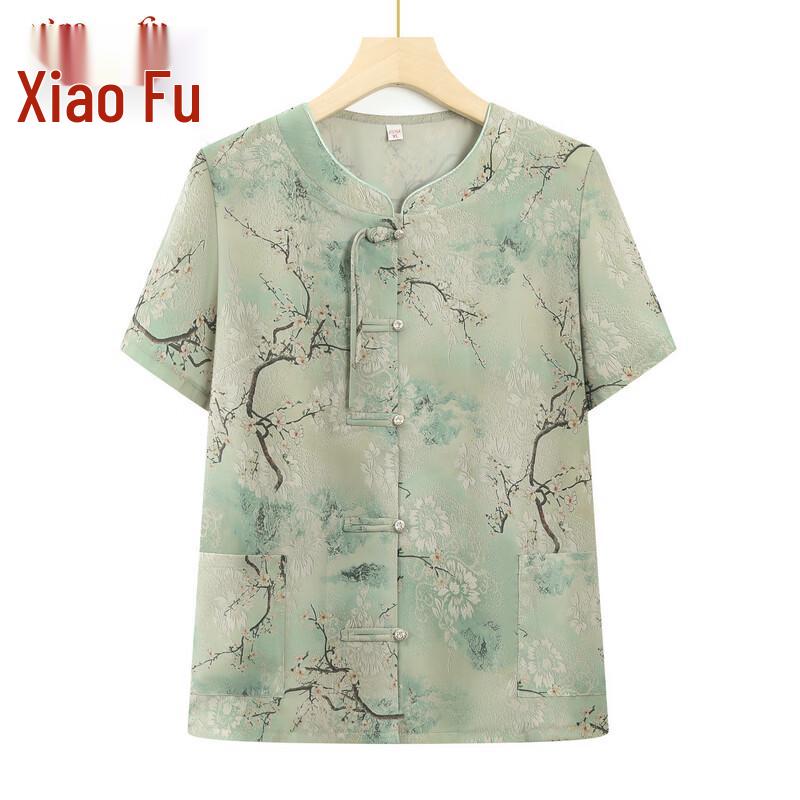 Chinese Style Plus Size Short Sleeve Blouse for Middle-Aged Women