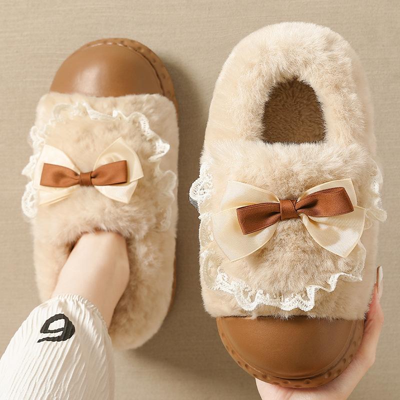 Bow Cotton Slippers Women's Winter New Indoor Home Thick-soled Warm Plush Cotton Shoes Women's Outer Wear