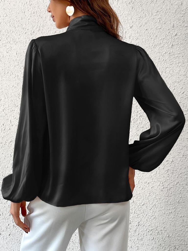 Women's Long Sleeve Satin High Neck Bow Top