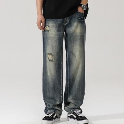 Spring American Retro Ripped Jeans Men's High Street Loose Straight Draped Wide-leg Pants