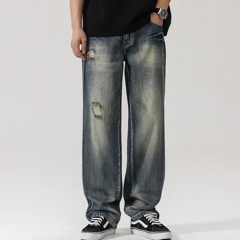 

Весенние Американские Ретро Рваные Джинсы Мужские Хай Стрит Свободные Прямые Драпированные Широкие Брюки 38