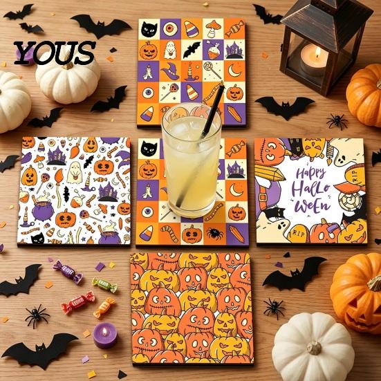 Halloween Wooden Coasters 4Pcs Coasters, Spooky Ghost Skull Design Drink 2D Heat-Resistant Practical Holiday Housewarming Gifts Round Mats for Coffee
