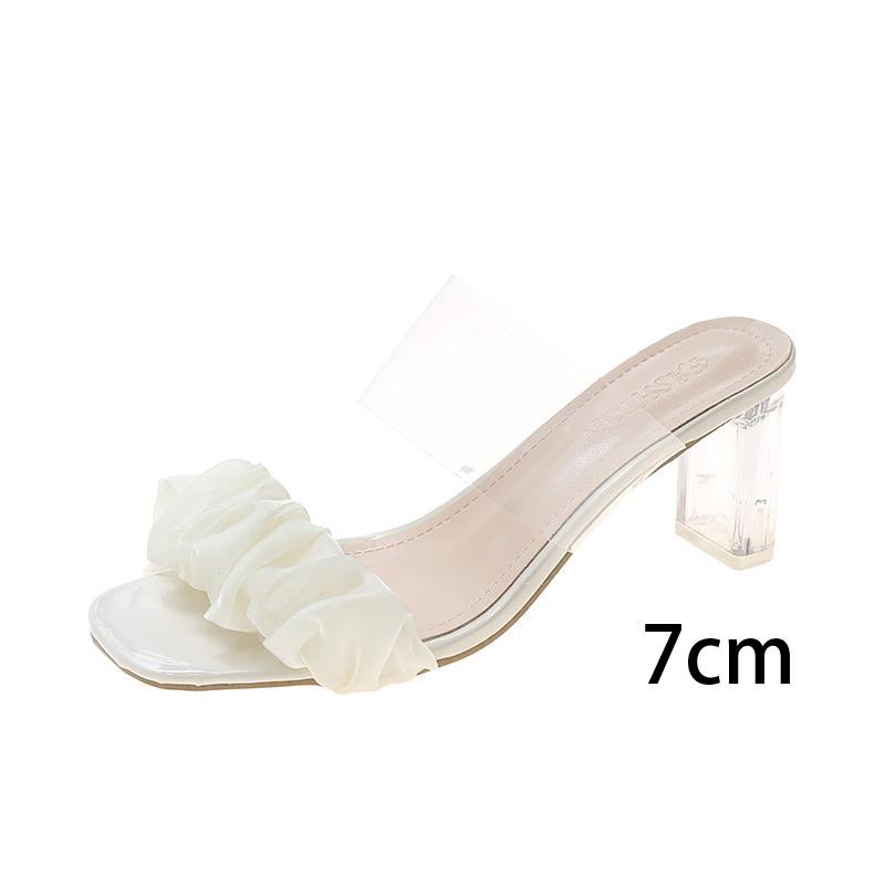 Mules d'été à clip pour femmes, à talons hauts et épais, décontractées, à bout carré, plissées, d'extérieur, à talons en cristal, sandales 5cm 7cm 9cm 34-42