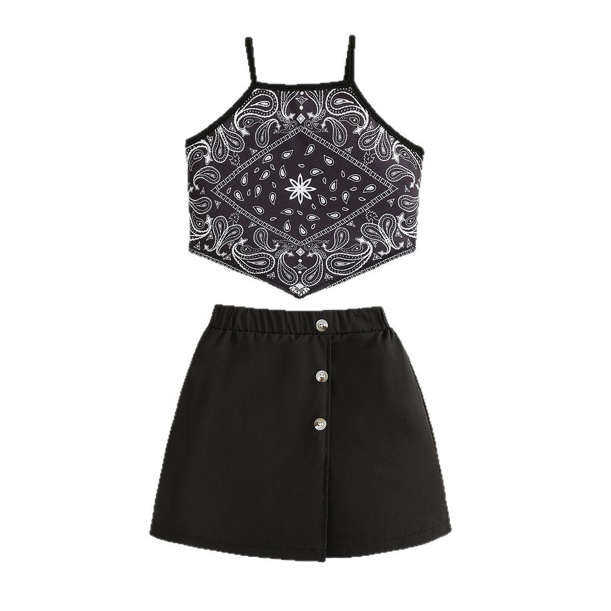 

Girls Fashionable Outfit - Summer Children s Camisole Top, Black Shorts And Skirt Set 3-4Y