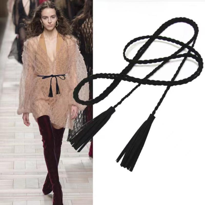 Leather Designer Braid Waist Belt With Tassel