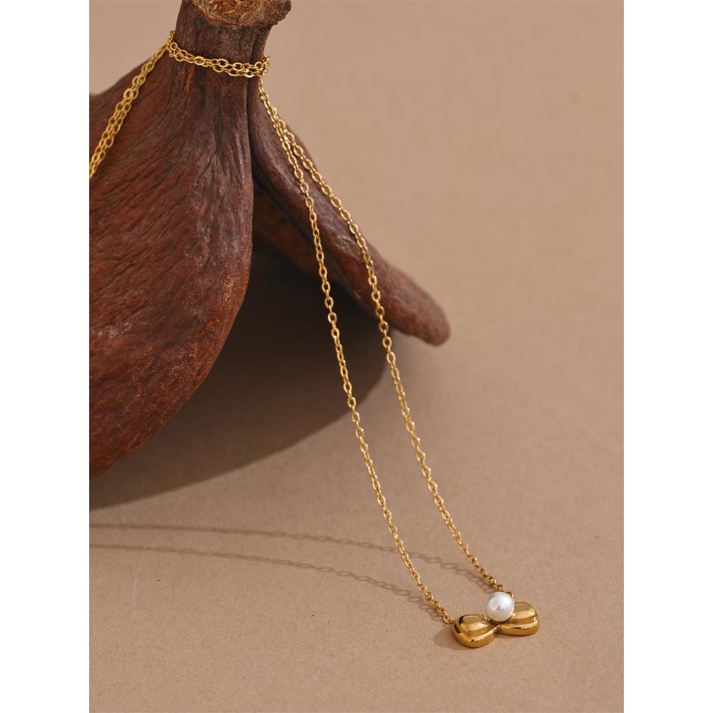 Yhpup Stainless Steel Cute Bow Knot Imitation Pearl Golden Pendant Necklace Women Trendy Chic Sweet Collar Jewelry Bijoux
