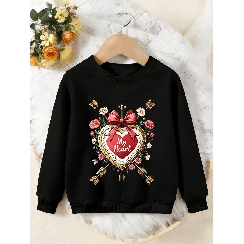 Unisex Kids Crewneck Sweatshirt, My Heart Bow Arrow Floral Vintage Print Pullover, Boys Girls Valentine Casual Sweatshirt For Kids Over 4 Years Old