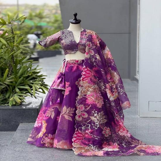 Royal Magenta Floral Mirror-Work Lehenga Choli FREE SIZE