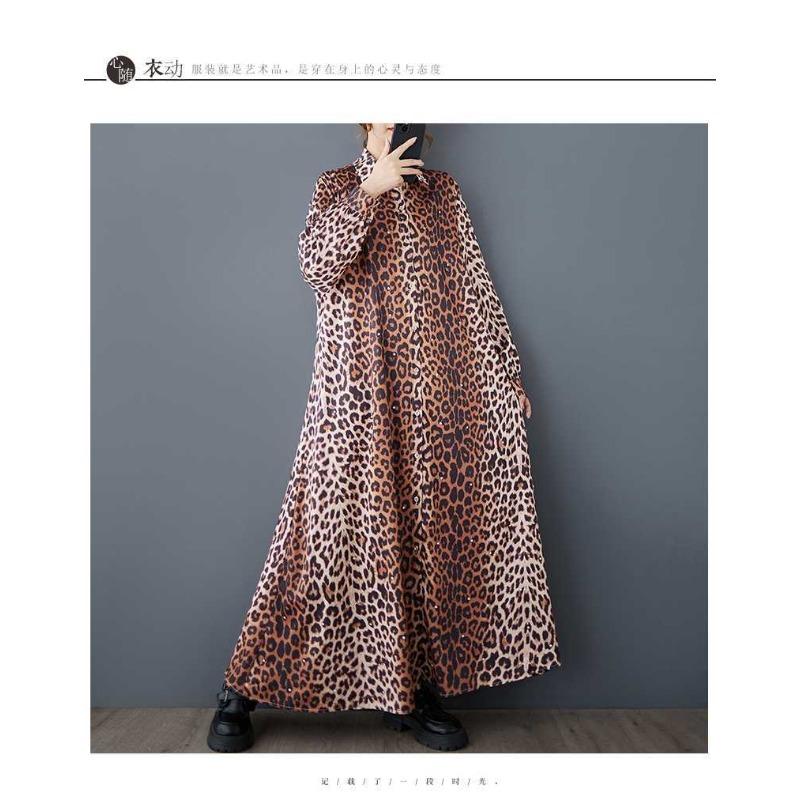 Loose Literary Big Size Fashion Leopard Print Mid-length Temperament Casual Dresses
