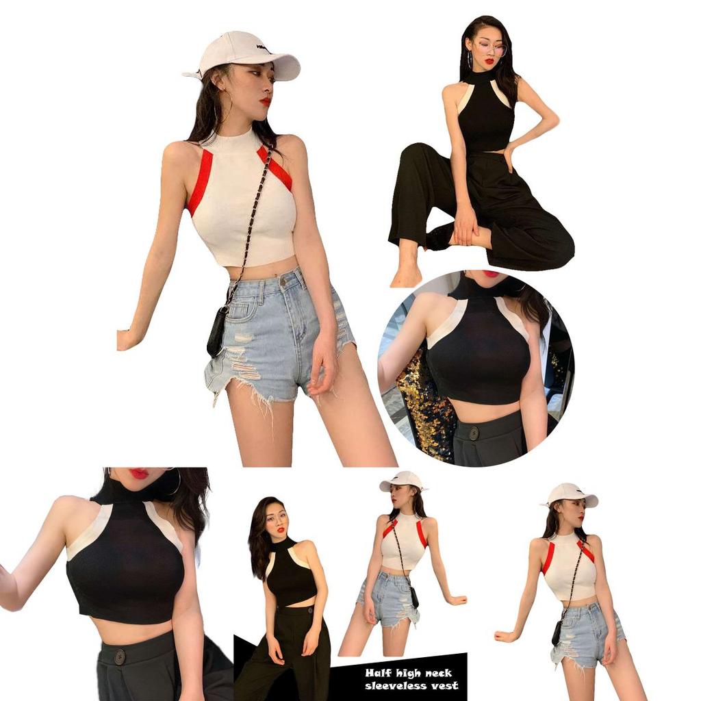 Color Fashion Womens Blocking Sleeveless Strapless Sexy Camisole Knitted High Neck