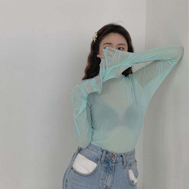 

Mesh Base Layer Shirt for Women, Thin Summer Korean Style Candy-Colored Sun Protection Clothing, Ice Silk Long-Sleeved Shirt, Layered Inner Top Blue One size fits all