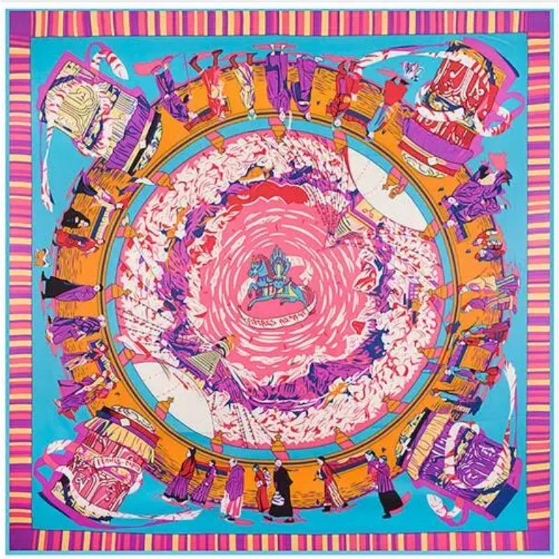 Luxury Brand Scarf Large Square Scarves Headband Tibet Pilgrimage Print 100% Silk Twill Silk Scarf For Women, Shawl Hijab