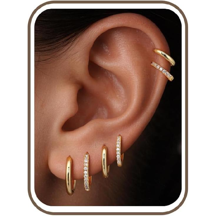 Hypoallergenes Gold Huggie Creolen Set für Damen | 14K Gold Plated, Kleines klobiges Creolen Set, Gold Creolen Stack für Damen, Huggie