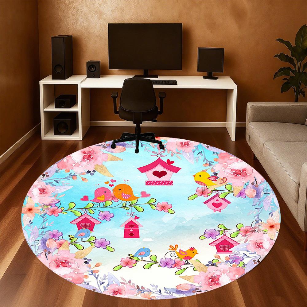 1pc Birds Flowers Round Chair mat office Area Rug - Non-Slip, Floor Mat for Office, Bedroom, and Indoor Decor p127220