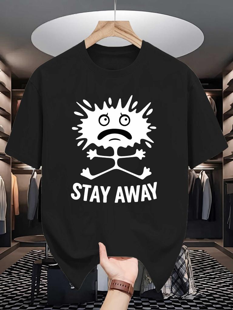 Unisex White Tee Funny Splash Monster Stay Away Letter Graphic Print Crew Neck Short Sleeve Summer Casual Male Cotton Street Top