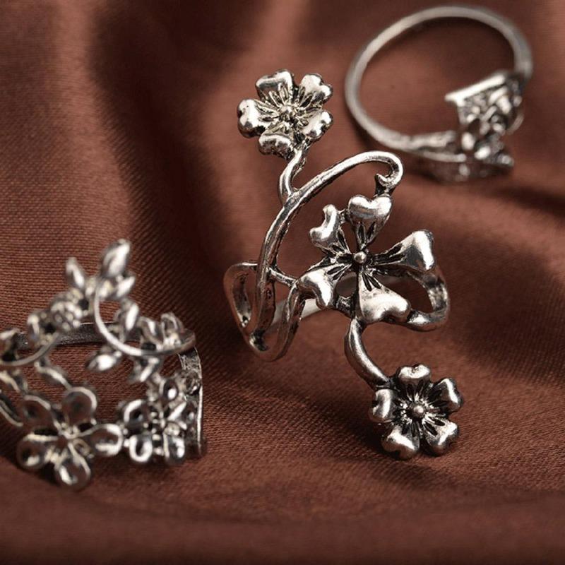 4Pcs Women Vintage Stereo Flower Leaves Midi Finger Knuckle Rings Set Jewelry