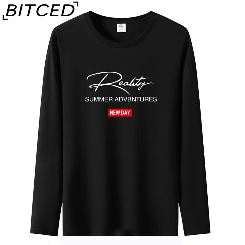 BITCED Мужская футболка с длинными рукавами, облегающая, весна-осень, универсальная рубашка с круглым вырезом