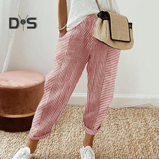 Damen Freizeithose Elastische Taille Mittelhohe Sommer-Jacquard-Lange Hose mit Taschen Streifenmuster Locker sitzende Hose