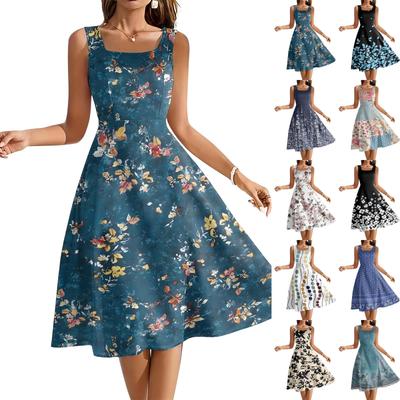 Sleeveless Square Neck Floral Print Midi Dress for Women Casual A Line Summer Sundress Lightweight Soft Fabric