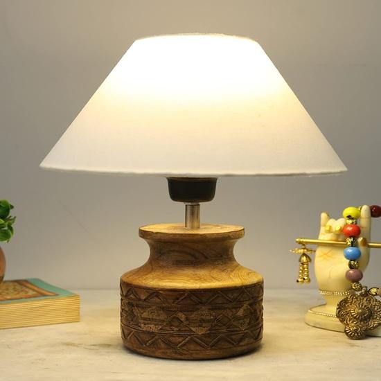 34.54 Cm Wood Table Lamp, Modern Base Fabric Lampshade for Home Office Cafe Restaurant, Carved Pot Bedroom, Dining Room, Inside Bed, Kitchen
