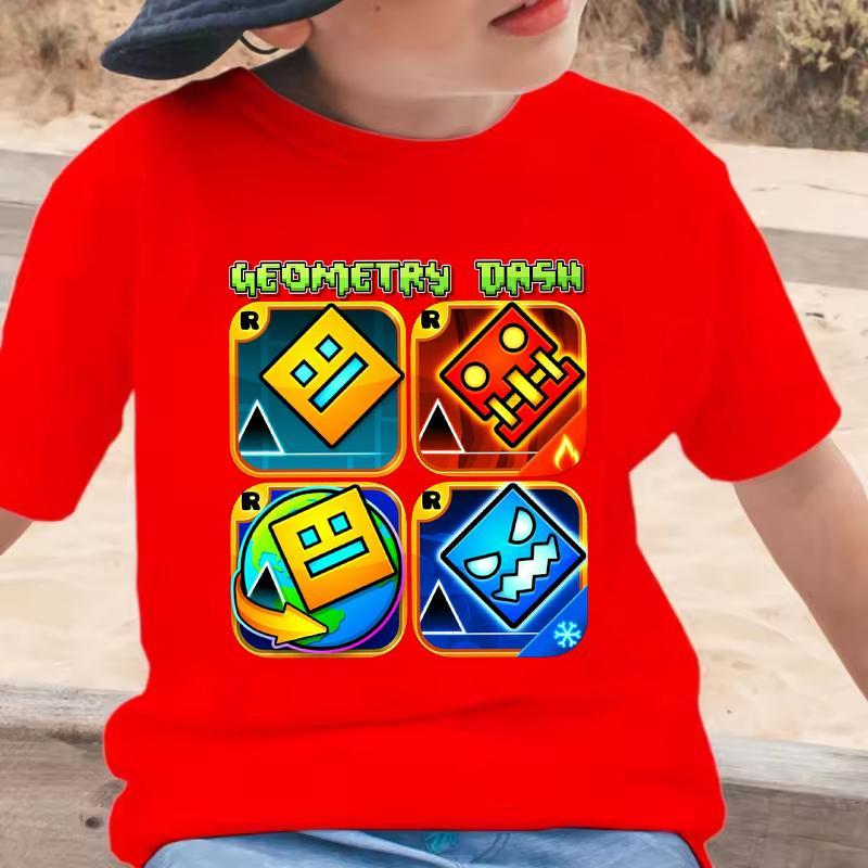 Geometry Dash Cartoon Print Kids Tshirt Childrens Clothing Summer Casual Crew Neck Short Sleeve Tee Girls Clothes Boys Tops