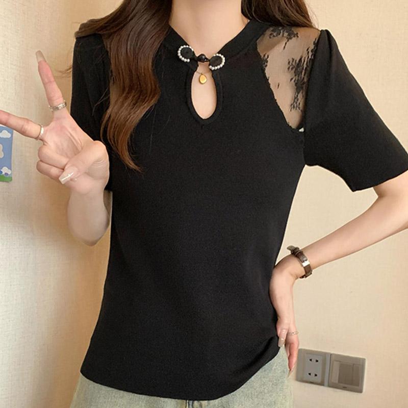 Women Sweaters Pullovers 2025 Summer Short Sleeve Stand Collar Black Knitted Sweater Women Tops Pullover JJ270