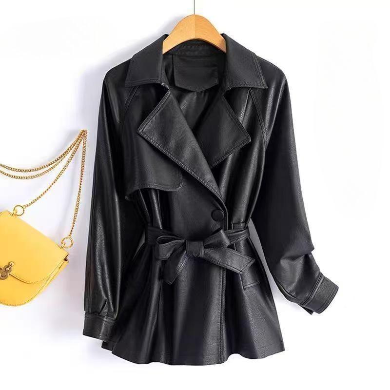 Autumn Women's Leather Jacket Turn-Down Collar Soft PU Leather Coat