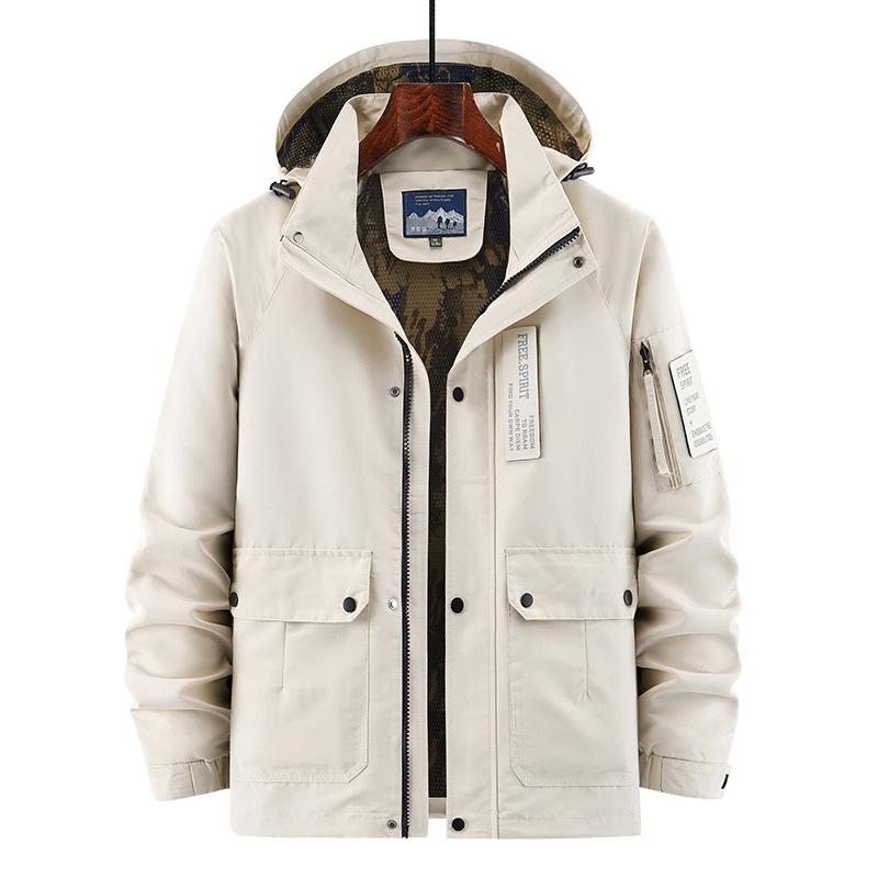 Men's Autumn New Men's Multi-Pocket Jacket Men's Printed Jacket Hooded Removable Men's Top