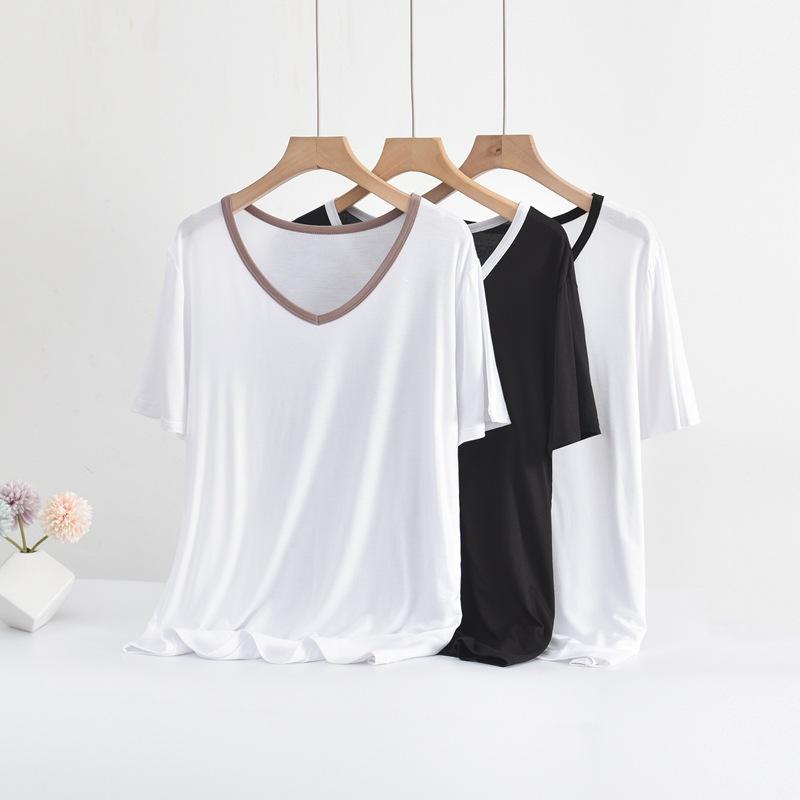 Modal V-Neck Tshirt Summer Women's Thin T-shirts Half Sleeves Solid Color Plus Size Loose Casual Tee Tops