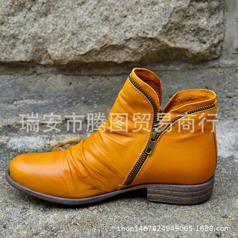 Women's round head artificial mouth women's leather boots side zipper Martin boots warm women's shoes