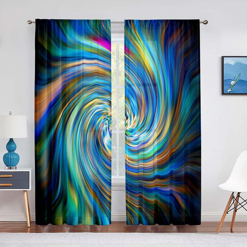Cyan-blue Psychedelic Trippy Hippie Swirl Tulle Curtains for Living Room Decoration Chiffon Sheer Voile Kitchen Bedroom Curtain