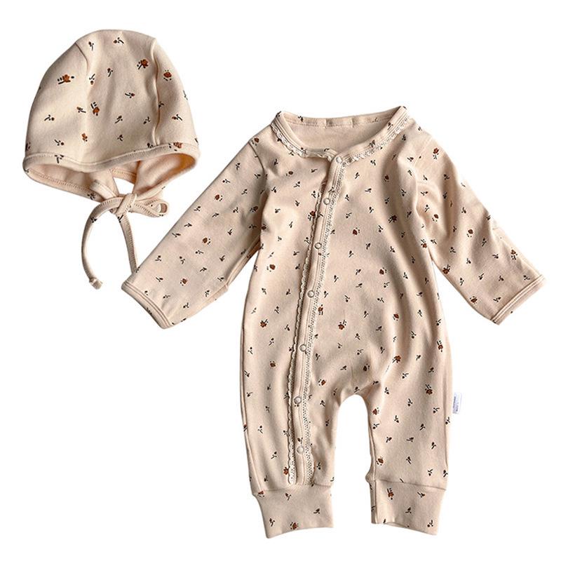 Autumn Floral Lace Long Sleeve Baby Romper with Hat