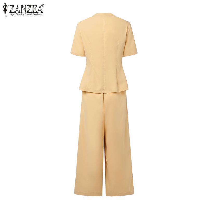 ZANZEA Women Short Sleeve Blouse and Wide Leg Pants Casual Two Piece Suit Set