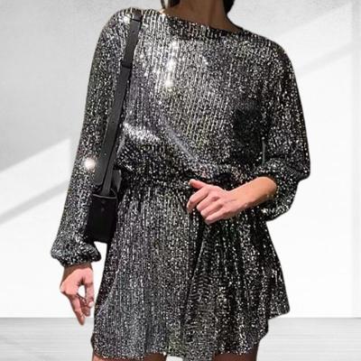 Women Dress Shiny Sequin Round Neck Long Sleeve Lace-up Tight Waist Sparkling Soft Commute Club Party Above Knee Length Mini Dress