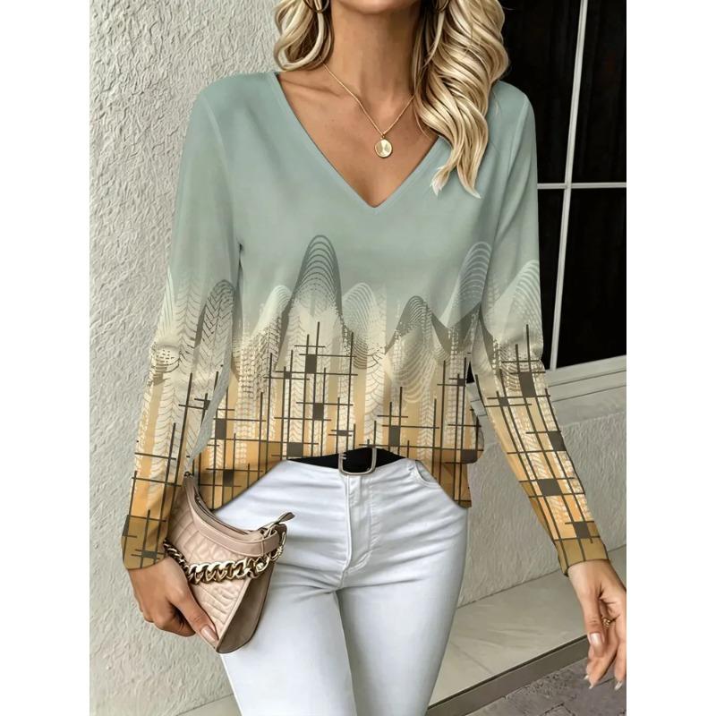 Autumn Women's 3D Flower Print V-Neck Long Sleeve T-Shirt