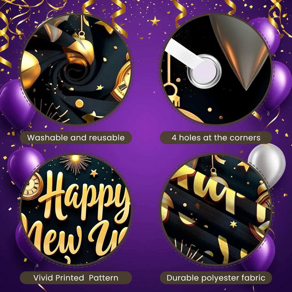 Event Banner Clock Decoration New Year Banner Festive Banner Metallic Color For Public Celebration Festive Gathering Home